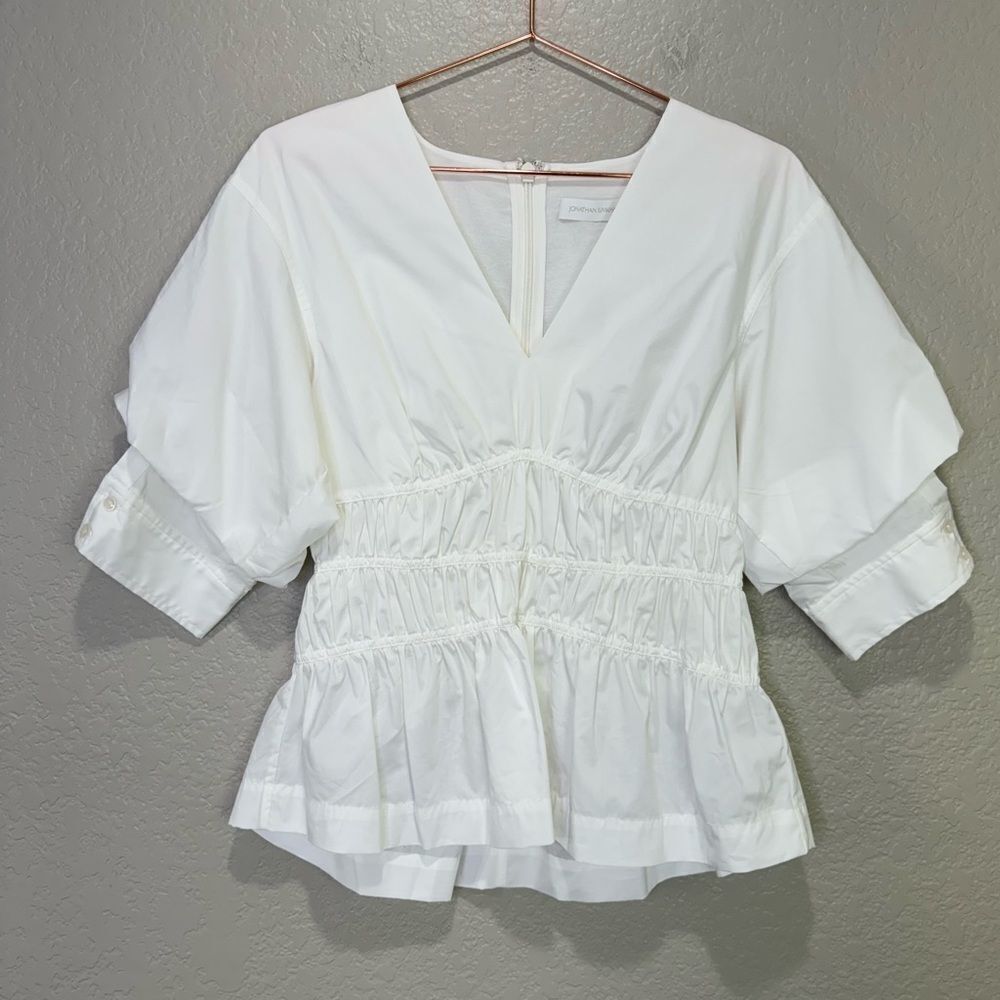 NEW Jonathan Simkhai Yuni Cotton Poplin Ruched Blouse White Size 8 - Picture 6 of 13